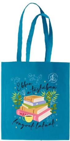 Könyvtündér vászontáska - Ebben a táskában könyvek laknak (Türkiz színű táska színes nyomattal)